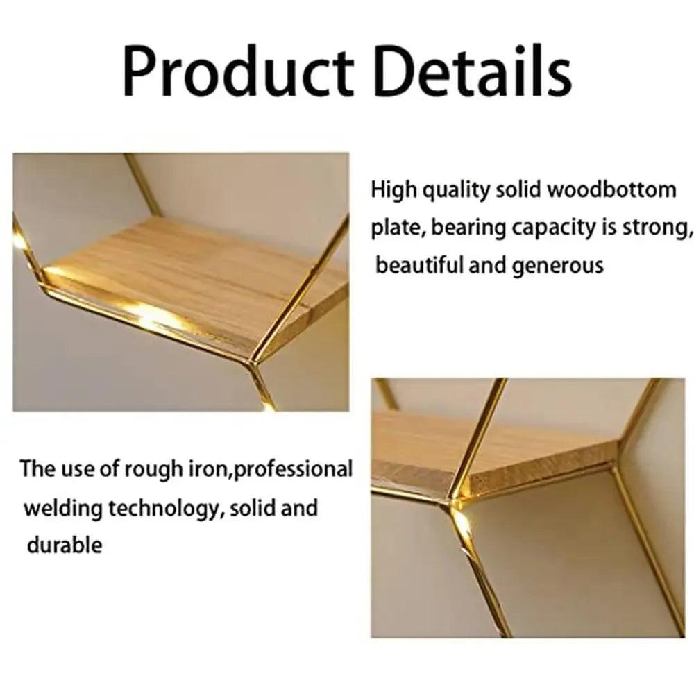 XMSJ Hexagon Metal Wire Wood LED Floating Shelves Set