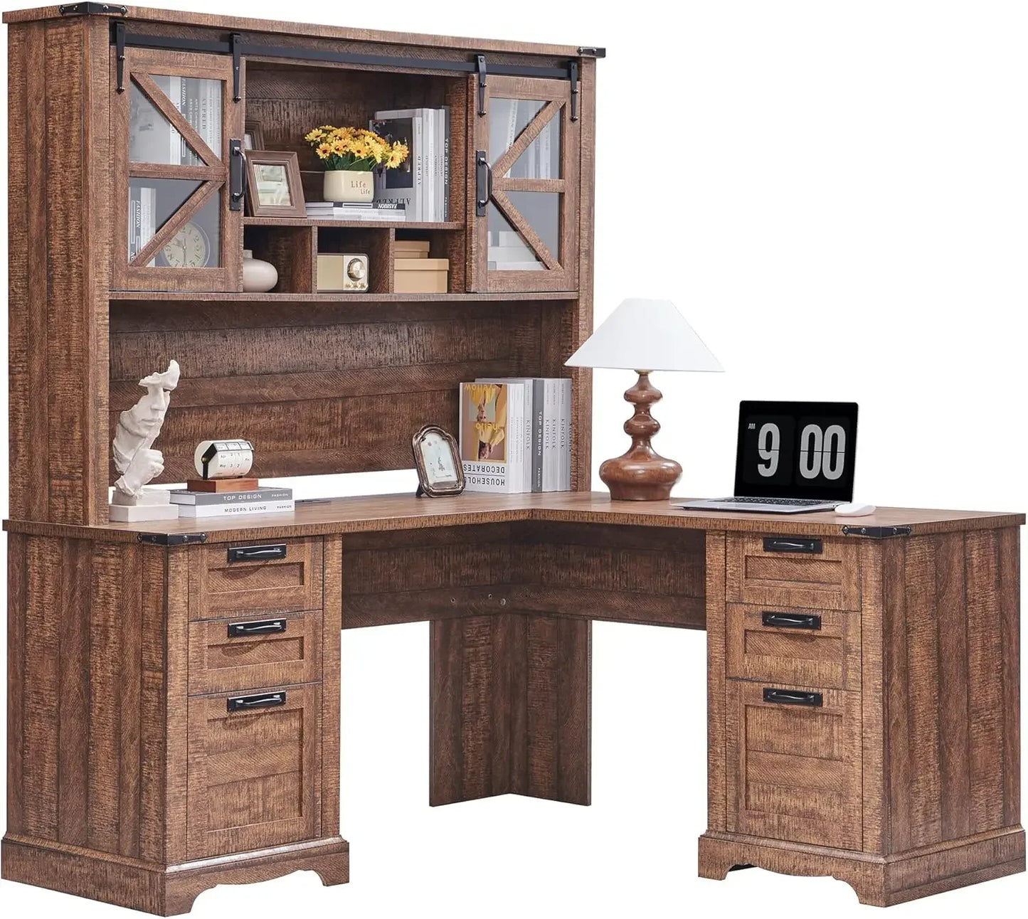 Wood L Shaped Desk With Hutch And Charging Station Storage