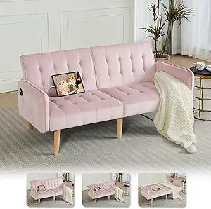 Ticify Modern Faux Leather Convertible USB Futon Sofa Bed