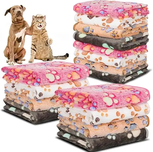 12 Pack Fleece Dog Blankets Paw Print Soft Washable