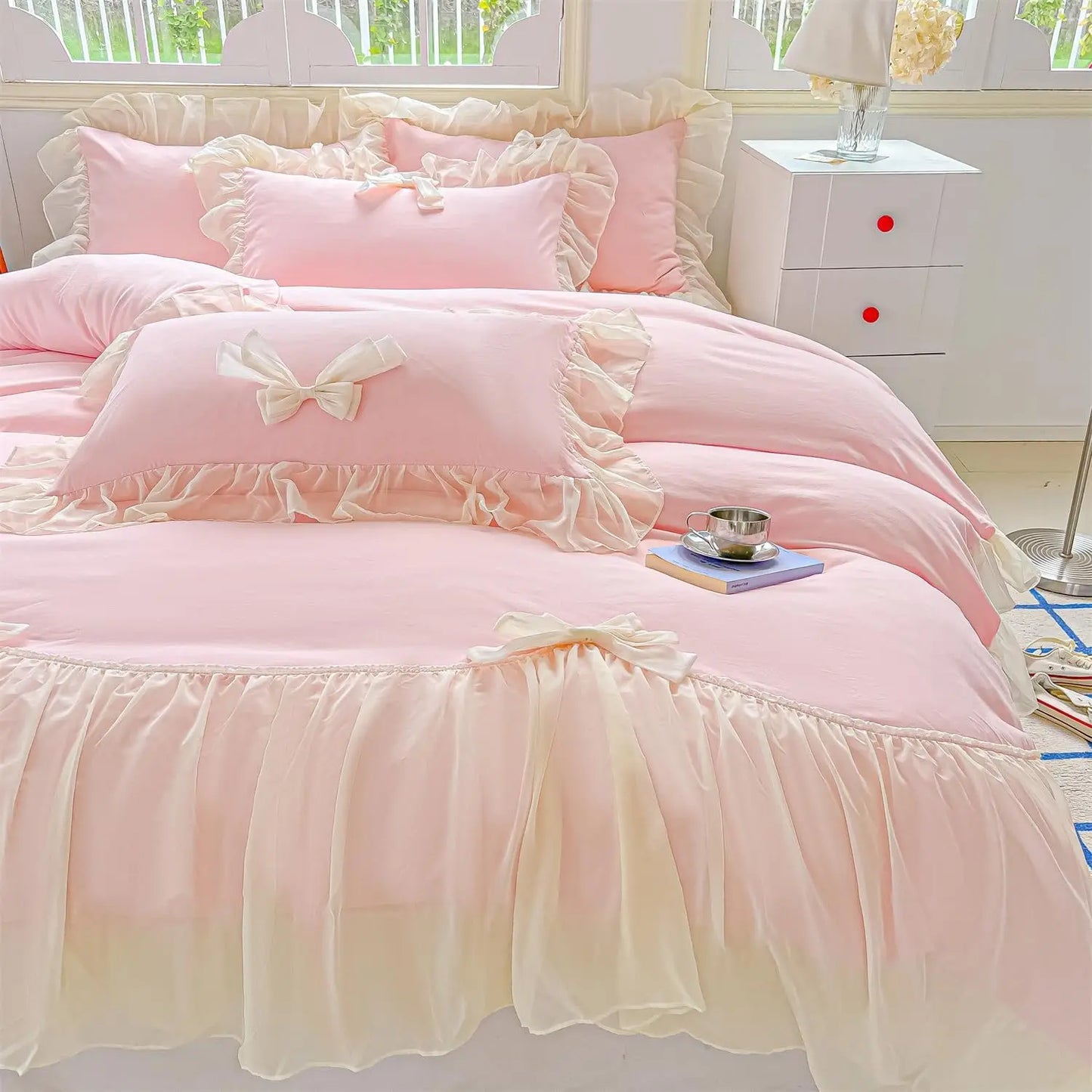 Lace Duvet Cover Set With Ruffles And Bow Includes Pillowcases