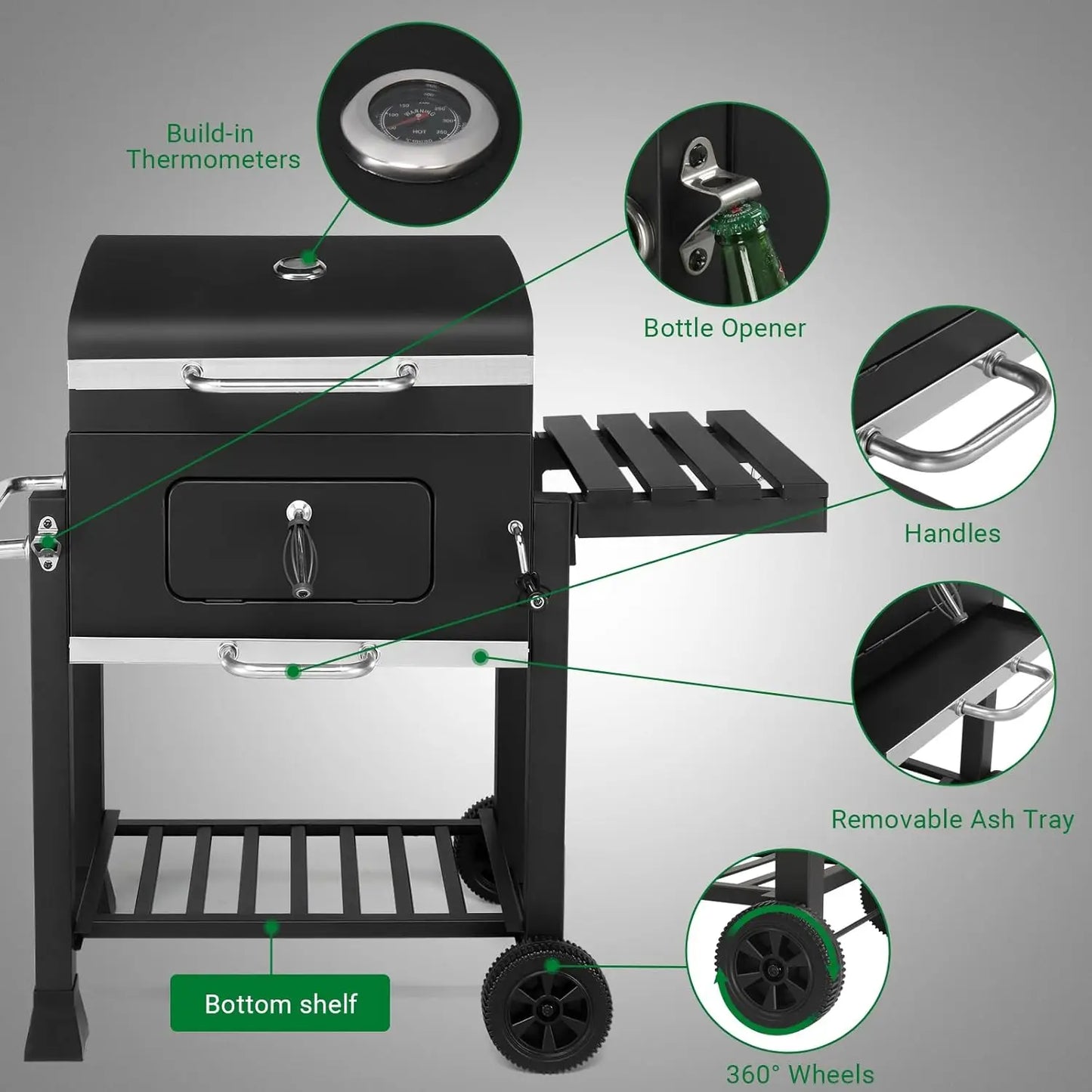 XMSJ Barrel Charcoal BBQ Grill With Adjustable Tray