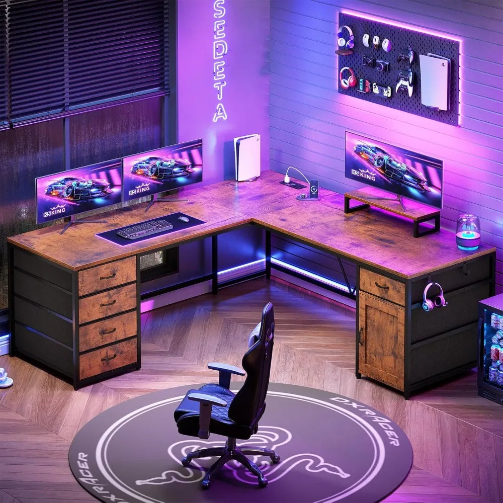 Angduo L Shaped Desk With Five Drawers And Power Outlet