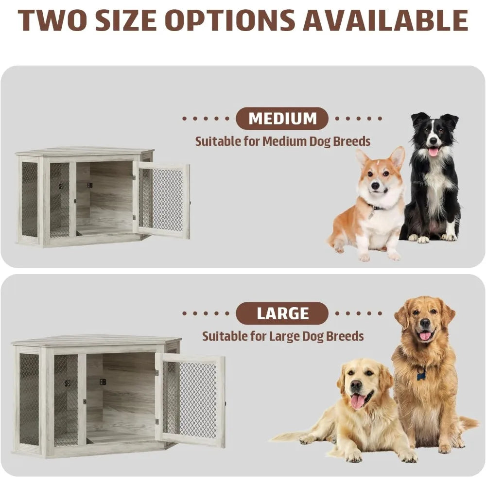 MKDK Wooden Corner Dog Crate Furniture With Mesh Kennel
