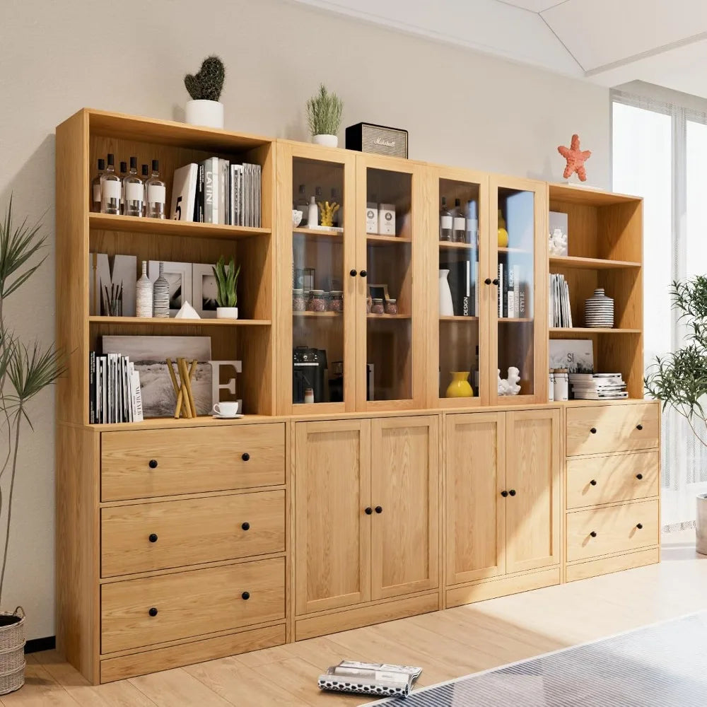 HUANZHUANG 3 Tier Modern Bookshelf With Glass Doors Drawers