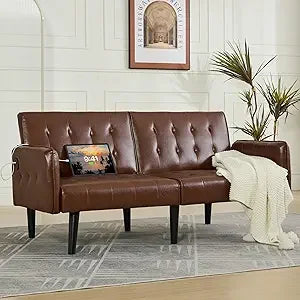 Ticify Modern Faux Leather Convertible USB Futon Sofa Bed
