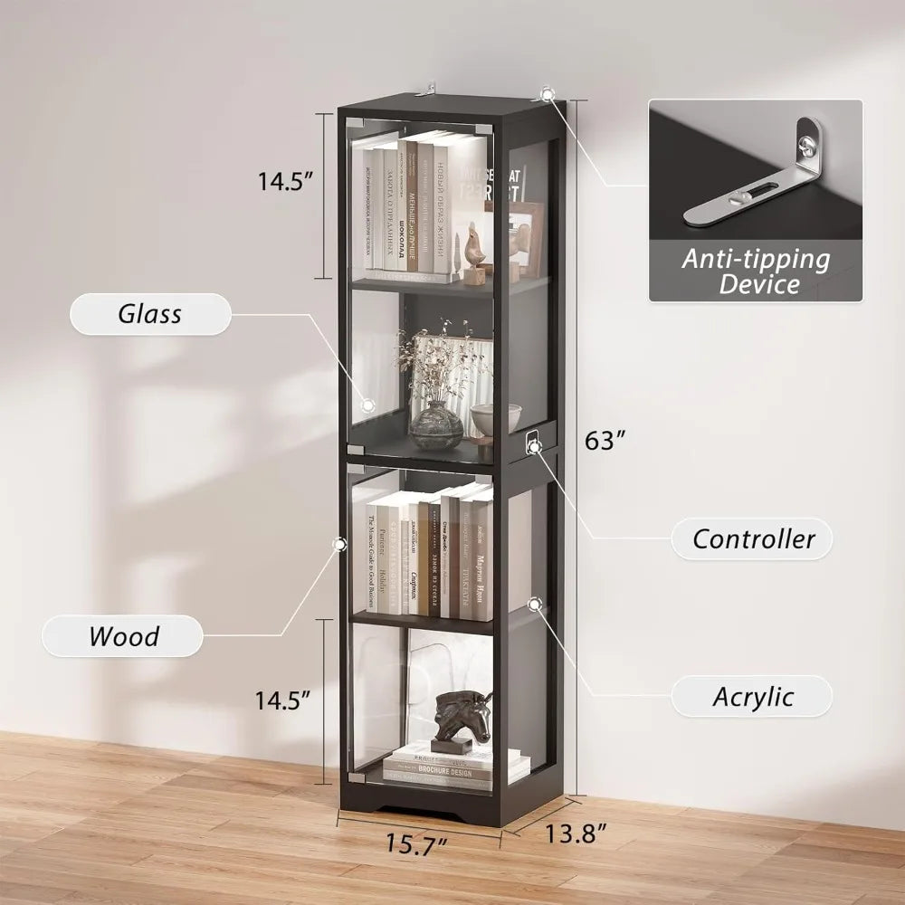 XMSJ Glass Display Cabinet 4 Tier Curio Illuminated Doors