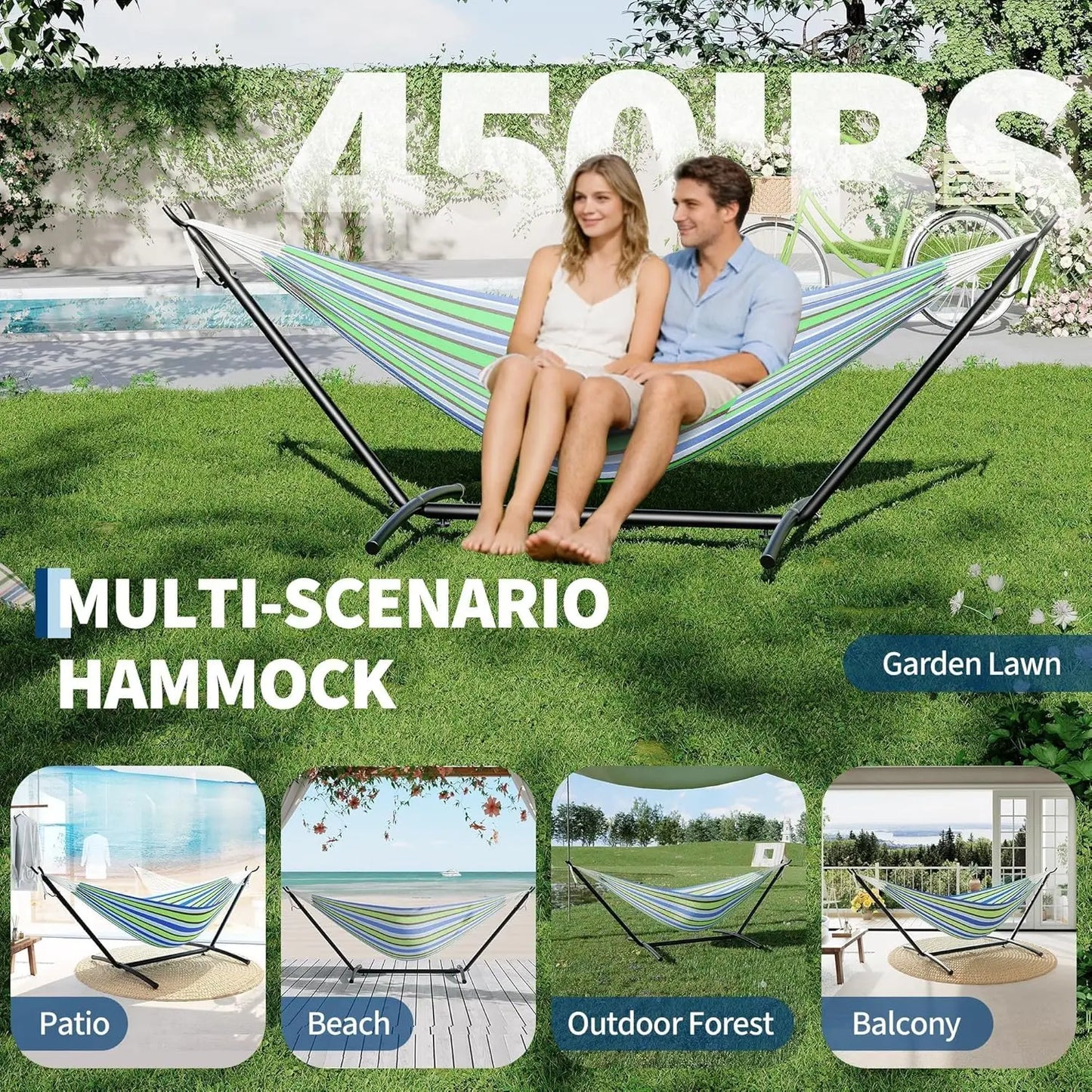 Portable Double Hammock With Stand Heavy Duty Frame 450 Pounds