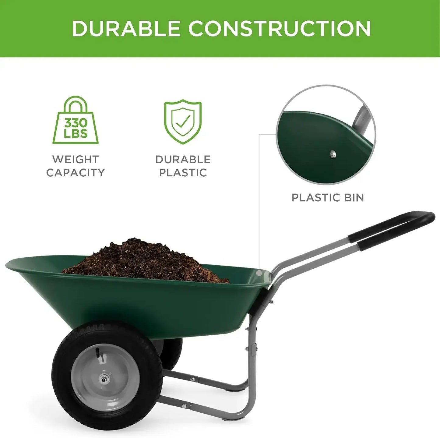 XMSJ Dual Wheel Yard Wheelbarrow With Built In Stand