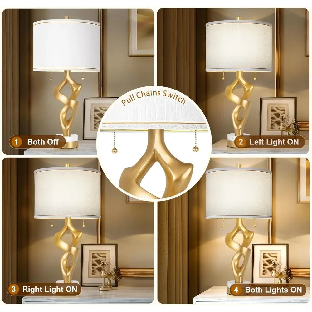 XMSJ Sculptural Table Lamp Set Marble Base USB Ports Gold
