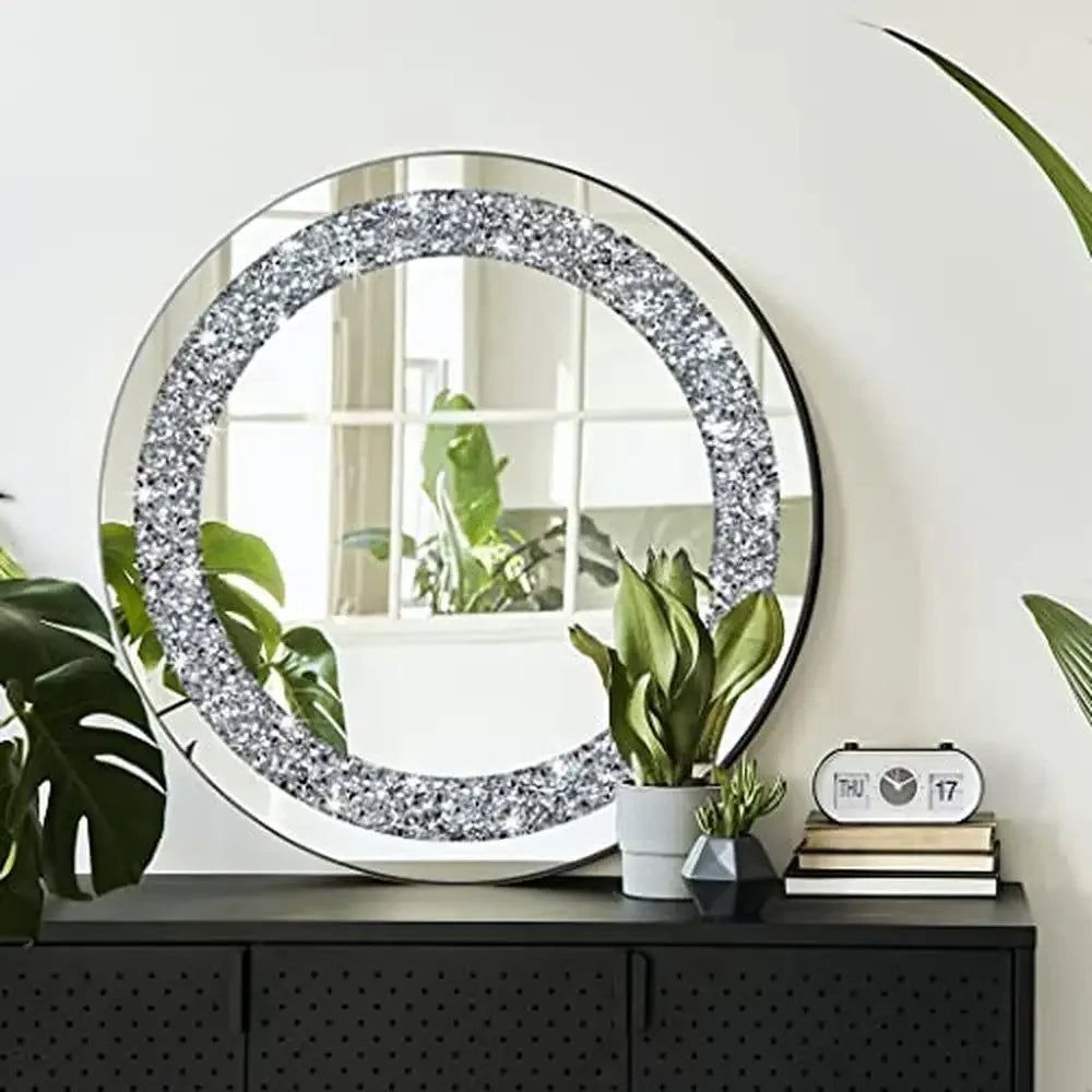 XMSJ Luxury Crystal Crush Diamond Round Wall Mirror
