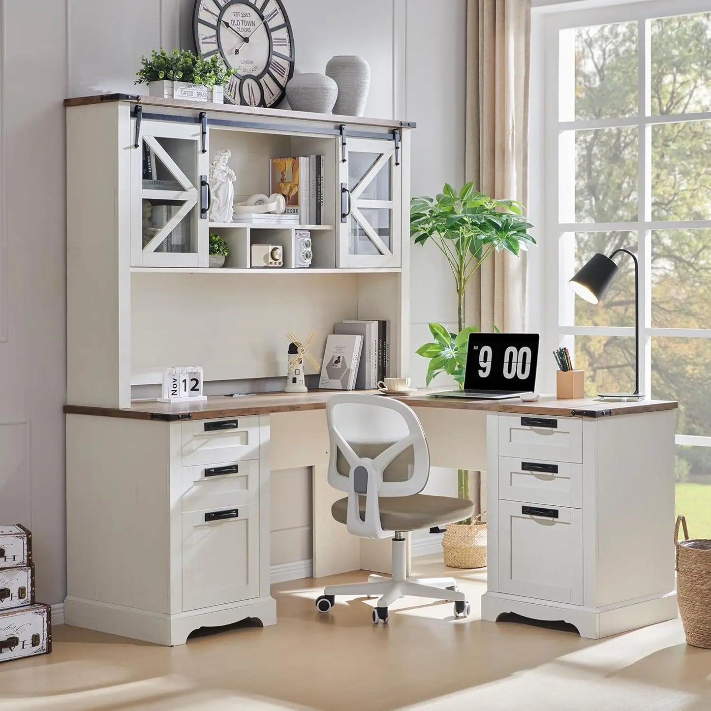 Wood L Shaped Desk With Hutch And Charging Station Storage