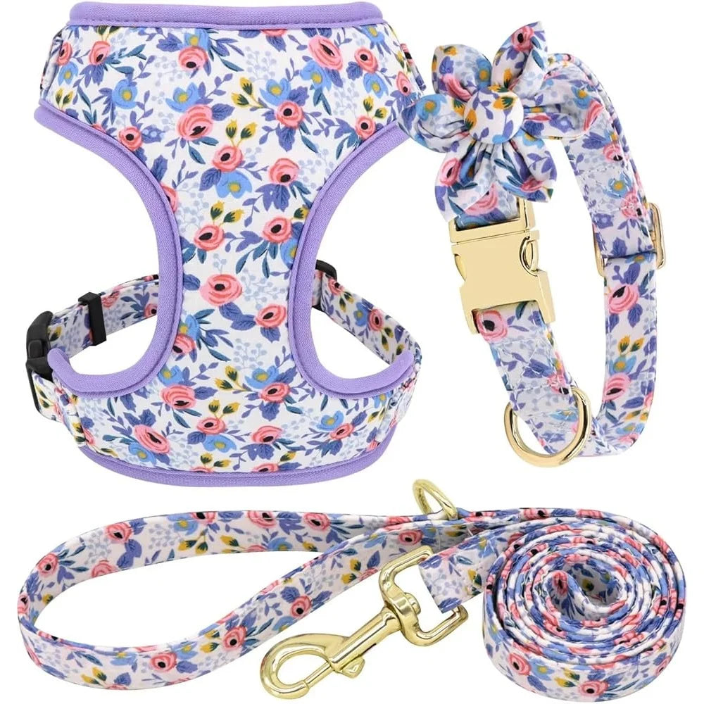 Fujian Cute Dog Harness Leash Collar Floral Mesh Set