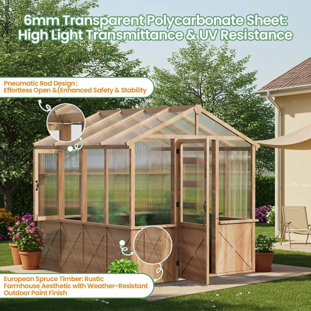 Cover Wooden Greenhouse With Sloped Roof And Shelves