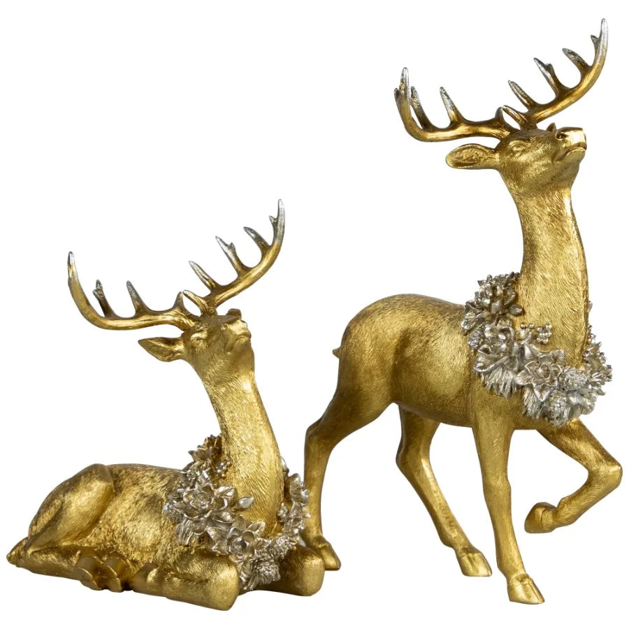 Elegant Gold Reindeer With Wreaths Christmas Figurines
