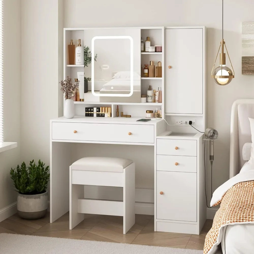 Hign-concerned Vanity Desk with Mirror and Lights 3 Drawers