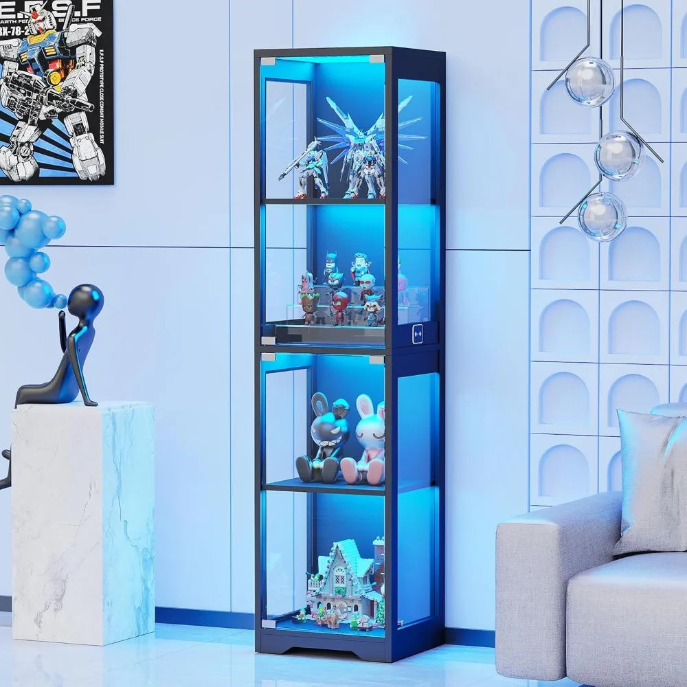 XMSJ Glass Display Cabinet 4 Tier Curio Illuminated Doors