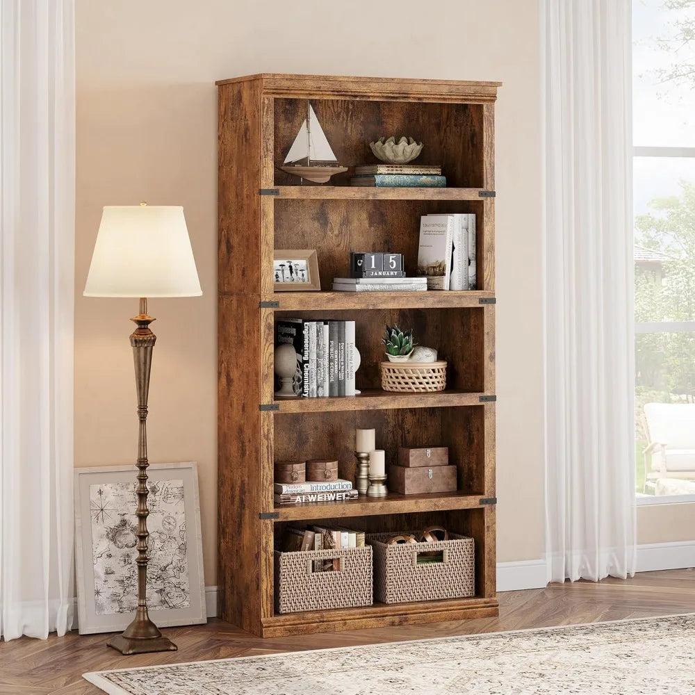 ANGDUO Farmhouse 5 Tier Bookcase With Storage Shelf