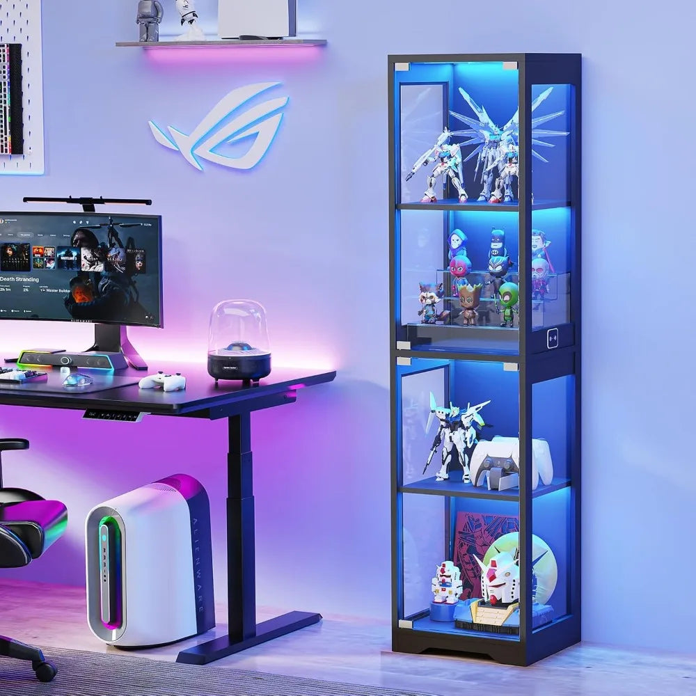 XMSJ Glass Display Cabinet 4 Tier Curio Illuminated Doors
