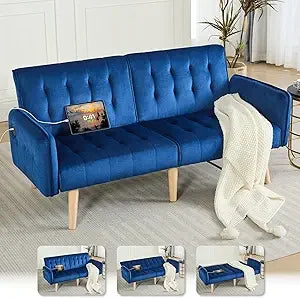 Ticify Modern Faux Leather Convertible USB Futon Sofa Bed