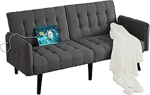 Ticify Modern Faux Leather Convertible USB Futon Sofa Bed