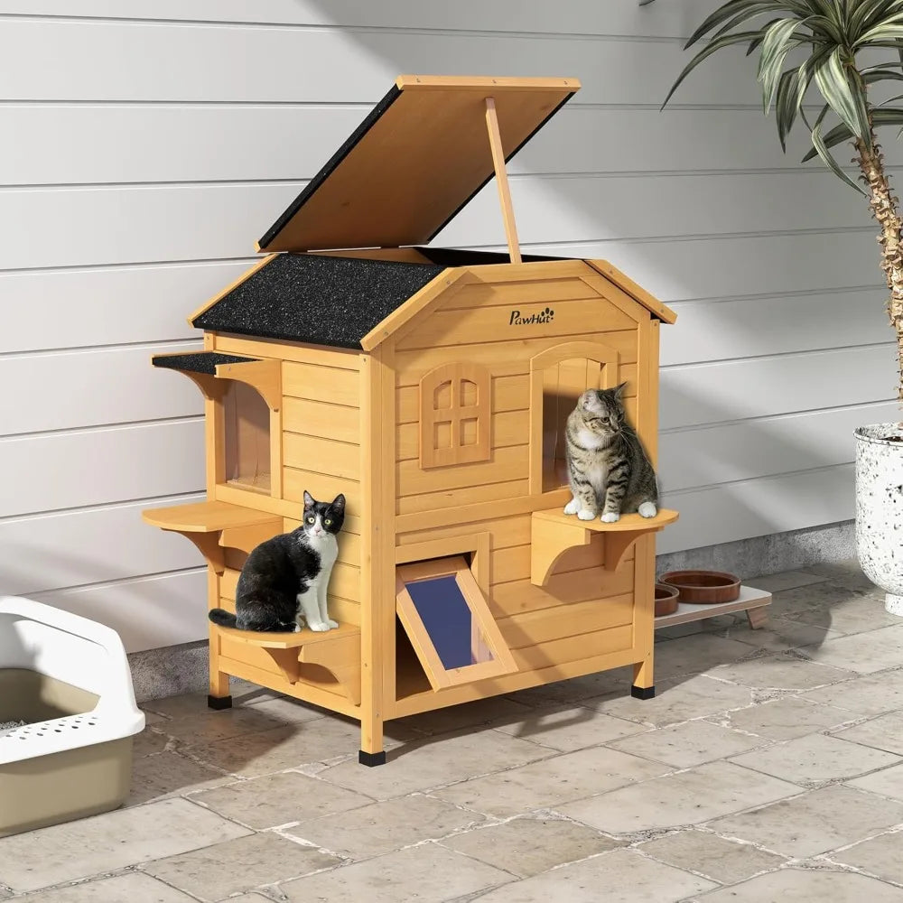 Pawhut Outdoor Cat House Weatherproof Wooden Enclosure