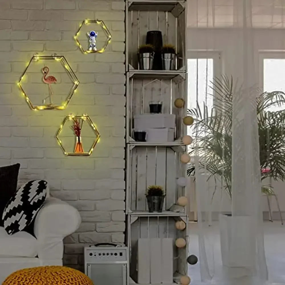 XMSJ Hexagon Metal Wire Wood LED Floating Shelves Set