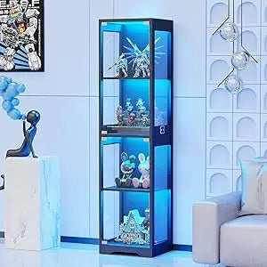 XMSJ Glass Display Cabinet 4 Tier Curio Illuminated Doors