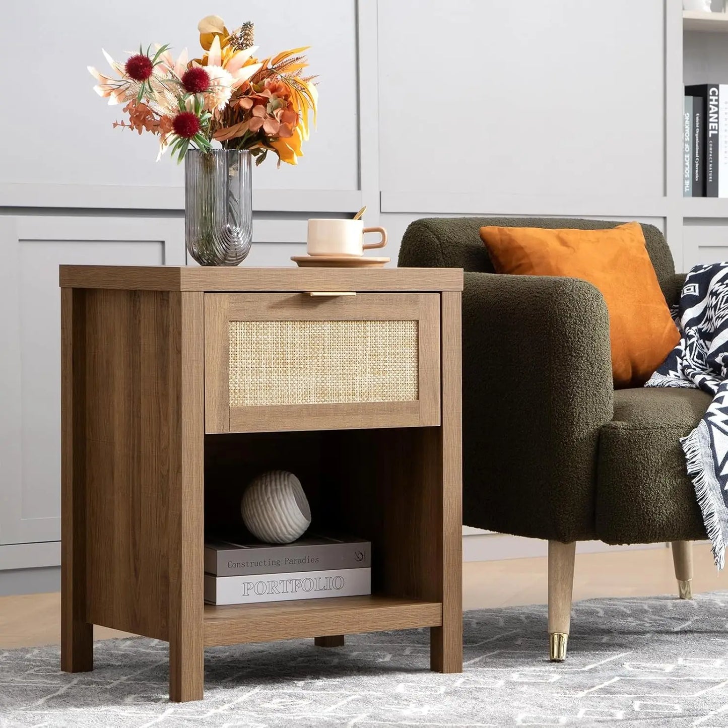 Frame Nightstand Set Of 2 With Drawer And Storage Shelf