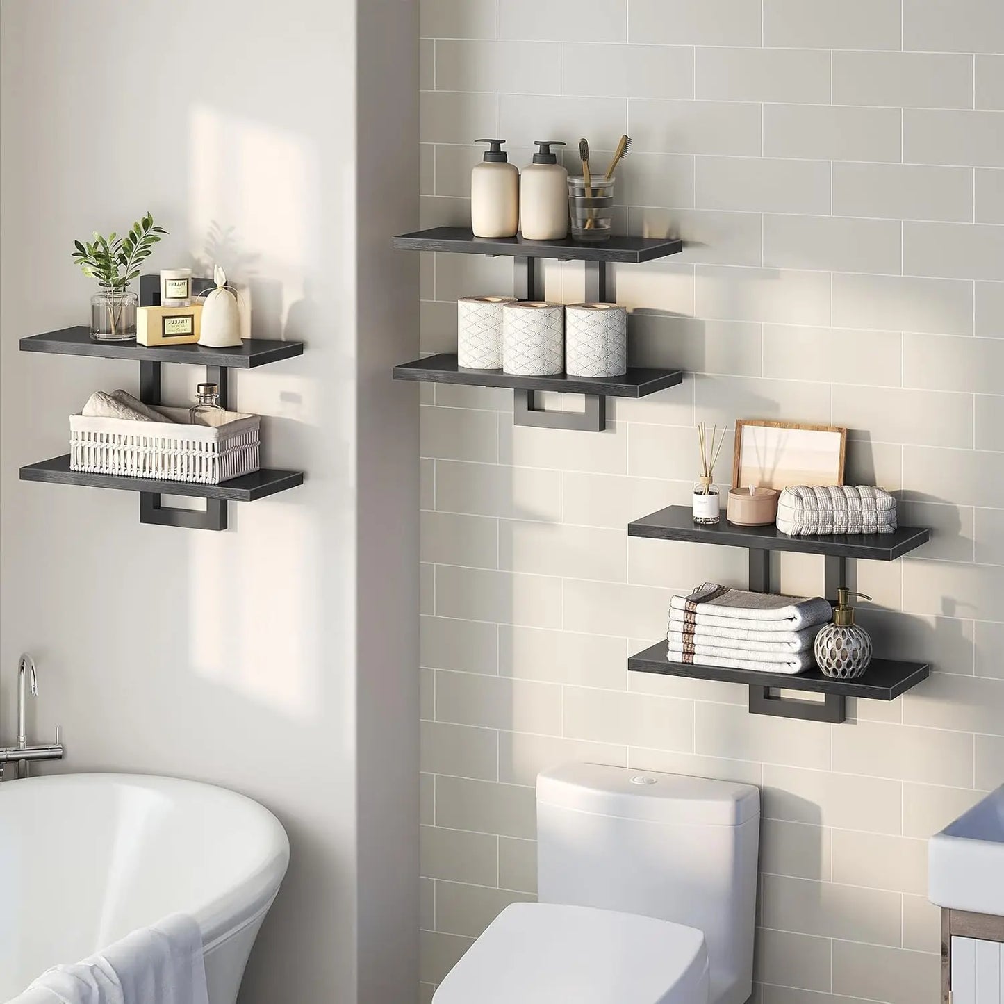 XMSJ Floating Shelves Set Of 3 Wall Mounted 2 Tier