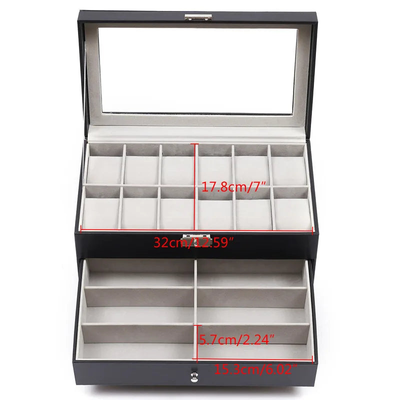 NONECN Leather Watch And Eyewear Box With Jewelry Display Drawer