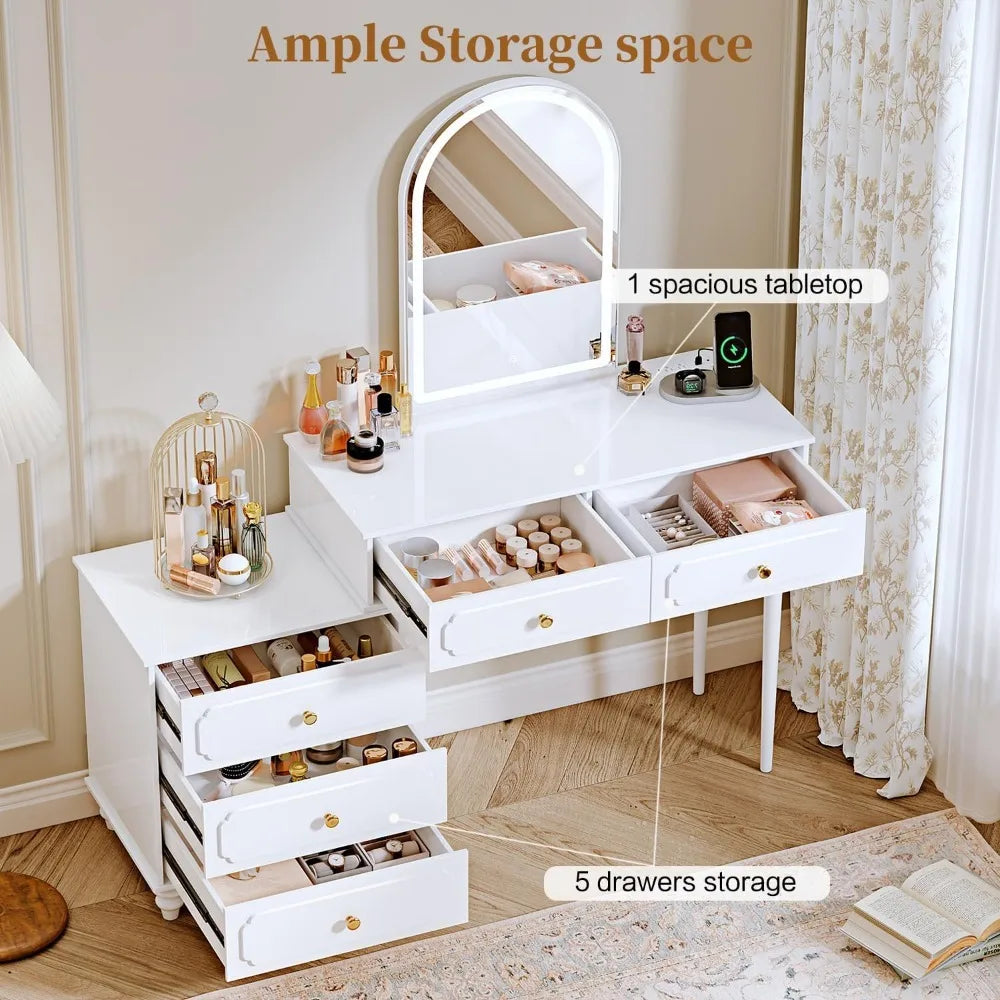 ANGDUO Vanity Desk With Mirror And Lights Modern Makeup