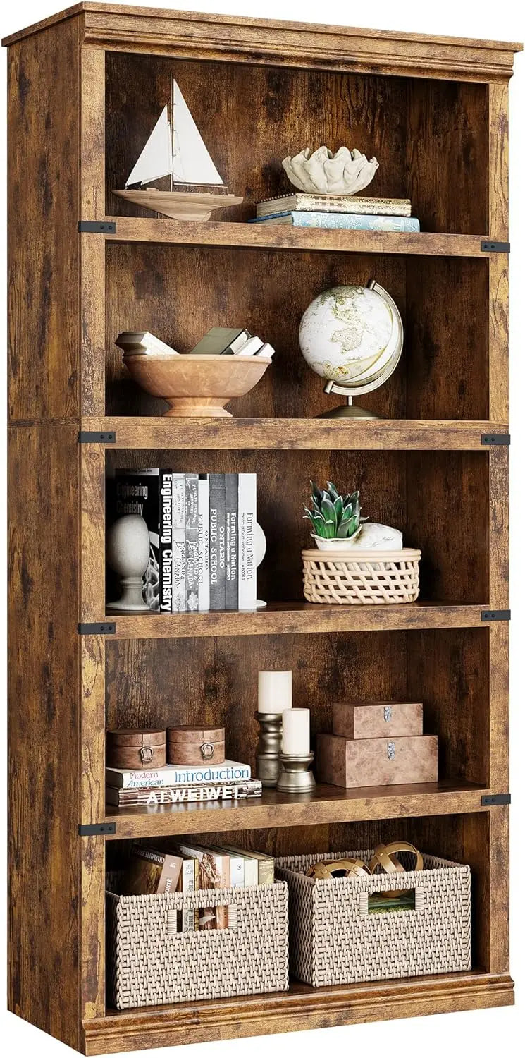 ANGDUO Farmhouse 5 Tier Bookcase With Storage Shelf