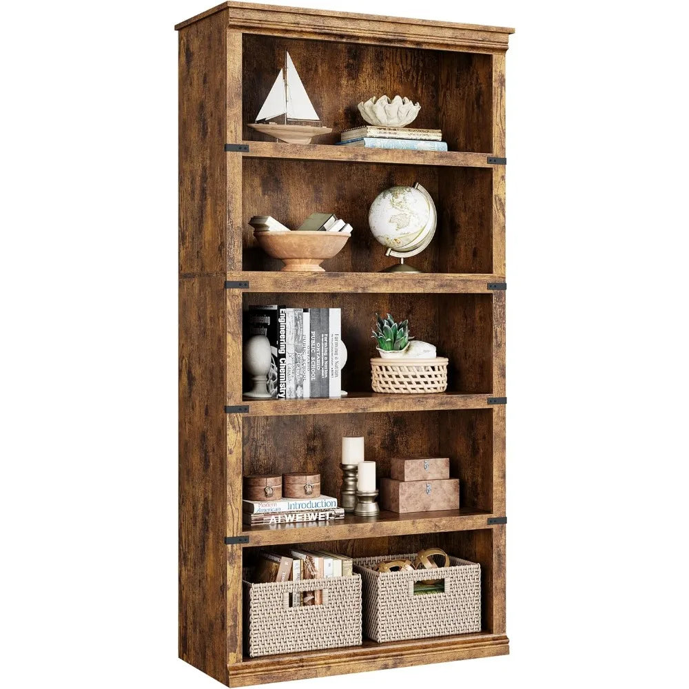 ANGDUO Farmhouse 5 Tier Bookcase With Storage Shelf