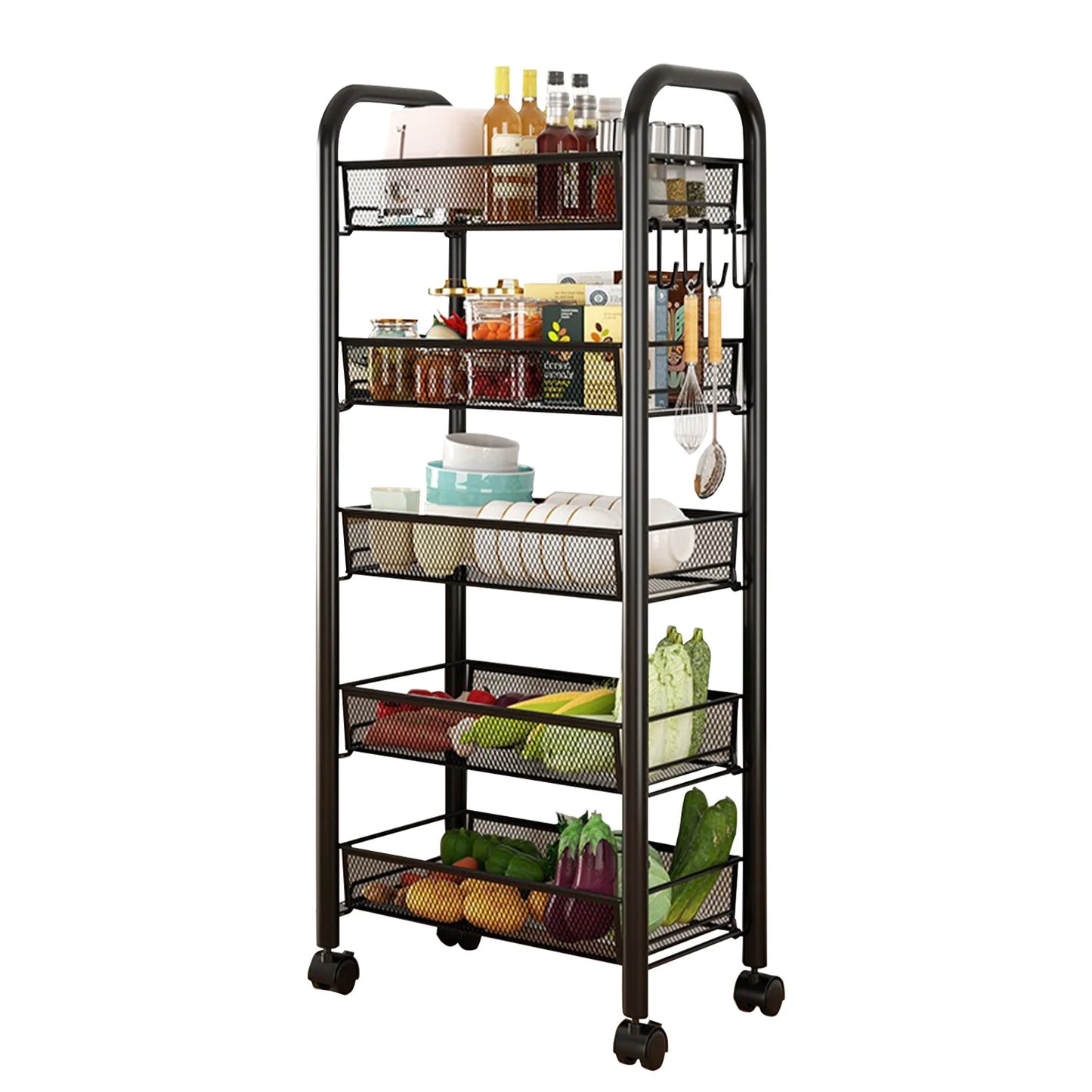 Five Layer Metal Kitchen Rack Floor Standing Storage Trolley