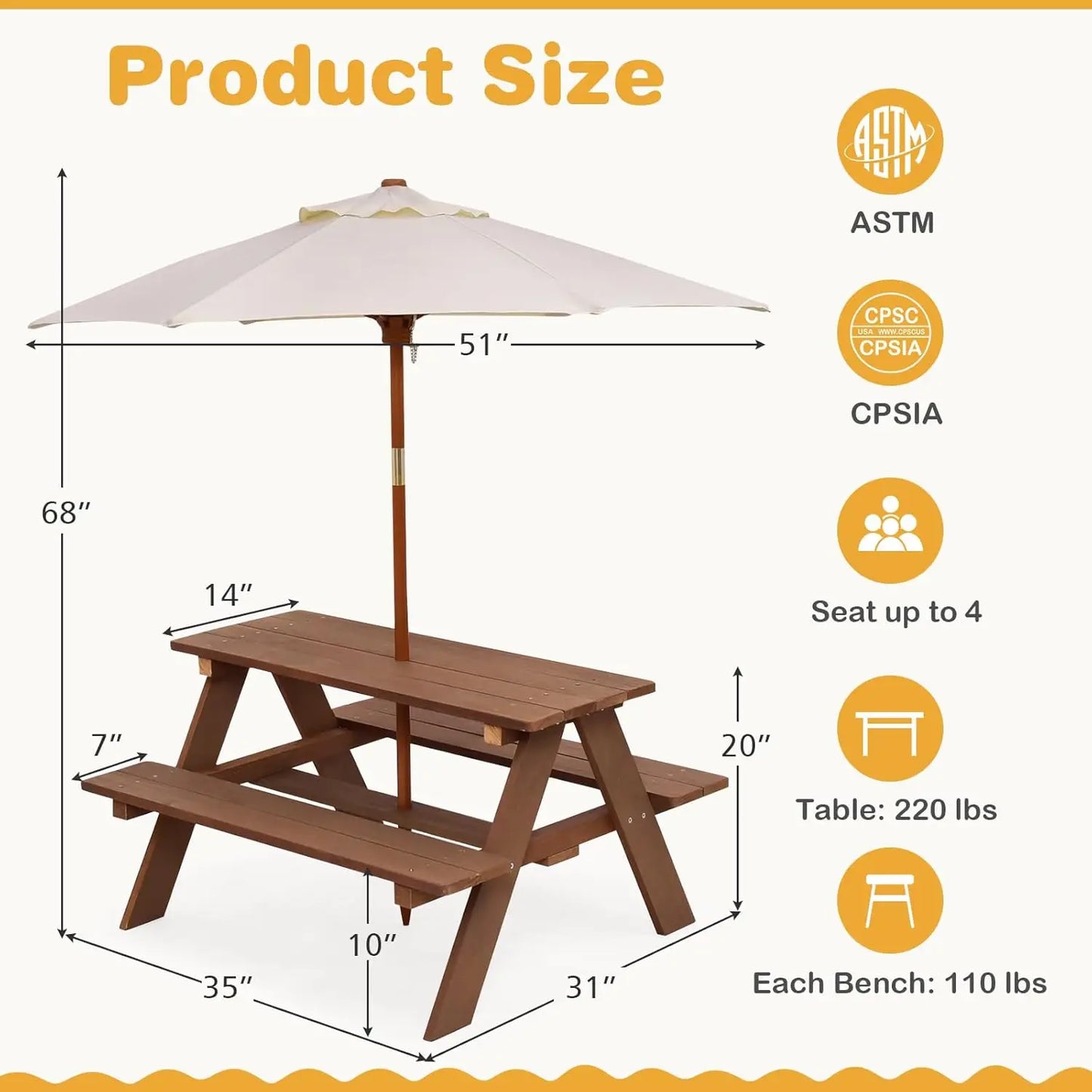 XIAOLANG Kids Picnic Table Outdoor Wooden Bench Set With Umbrella