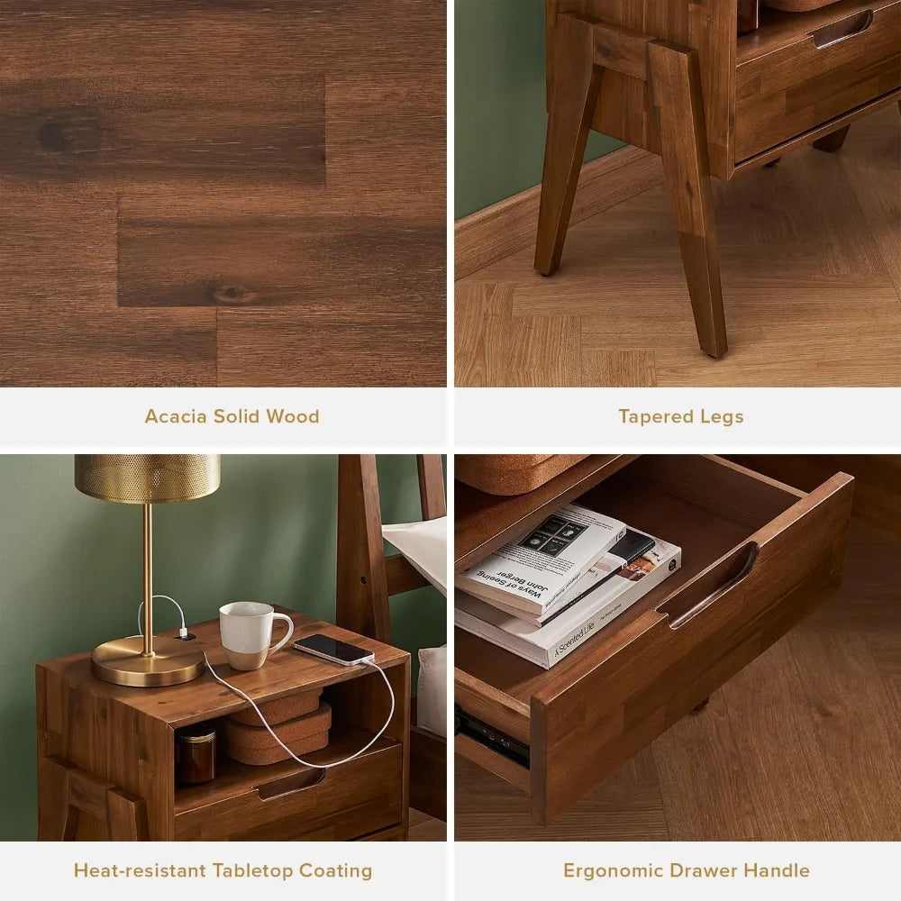 XUYUAN Solid Wood Nightstand With Charging Station Modern