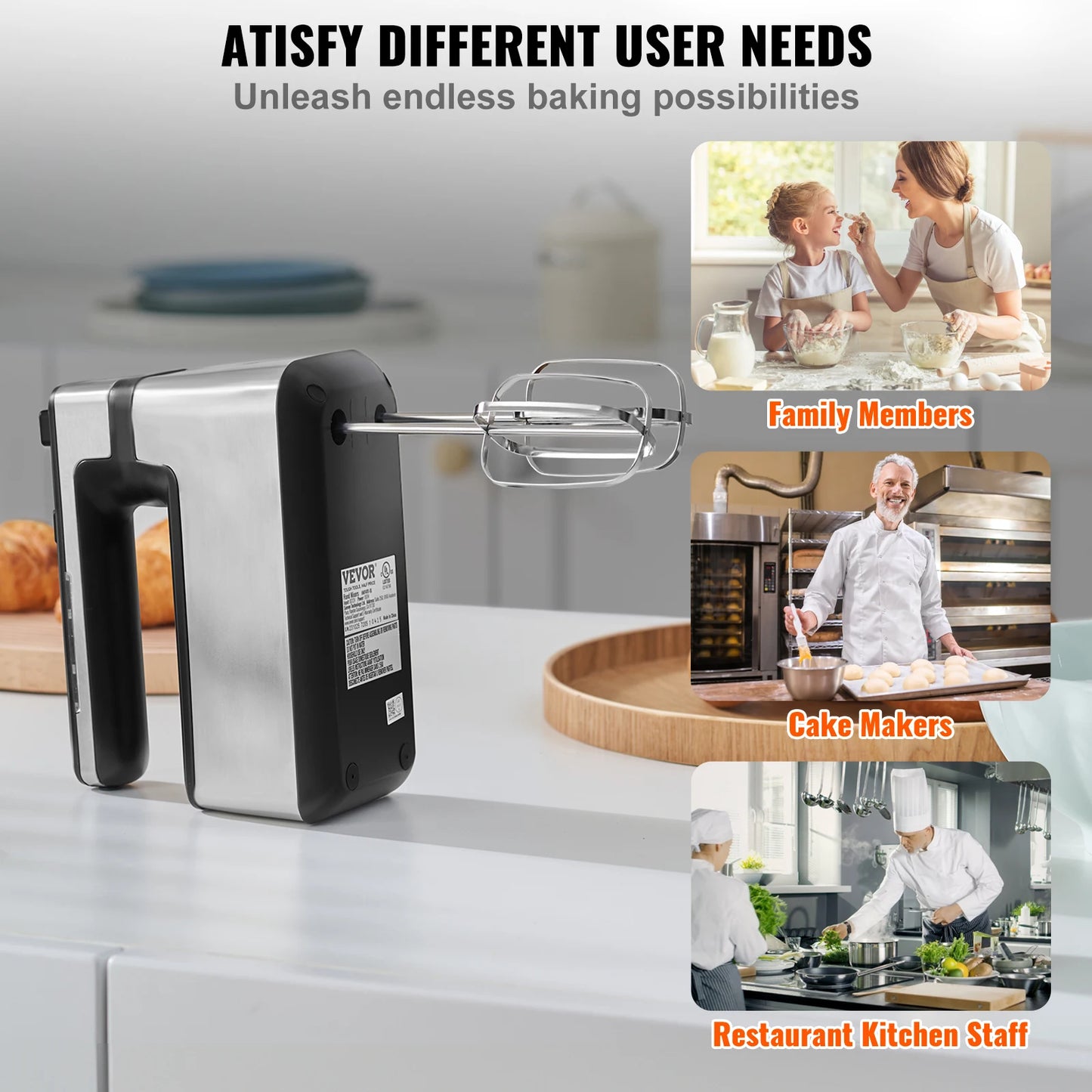 VEVOR Cordless Electric Hand Mixer With 5 Gear Speeds