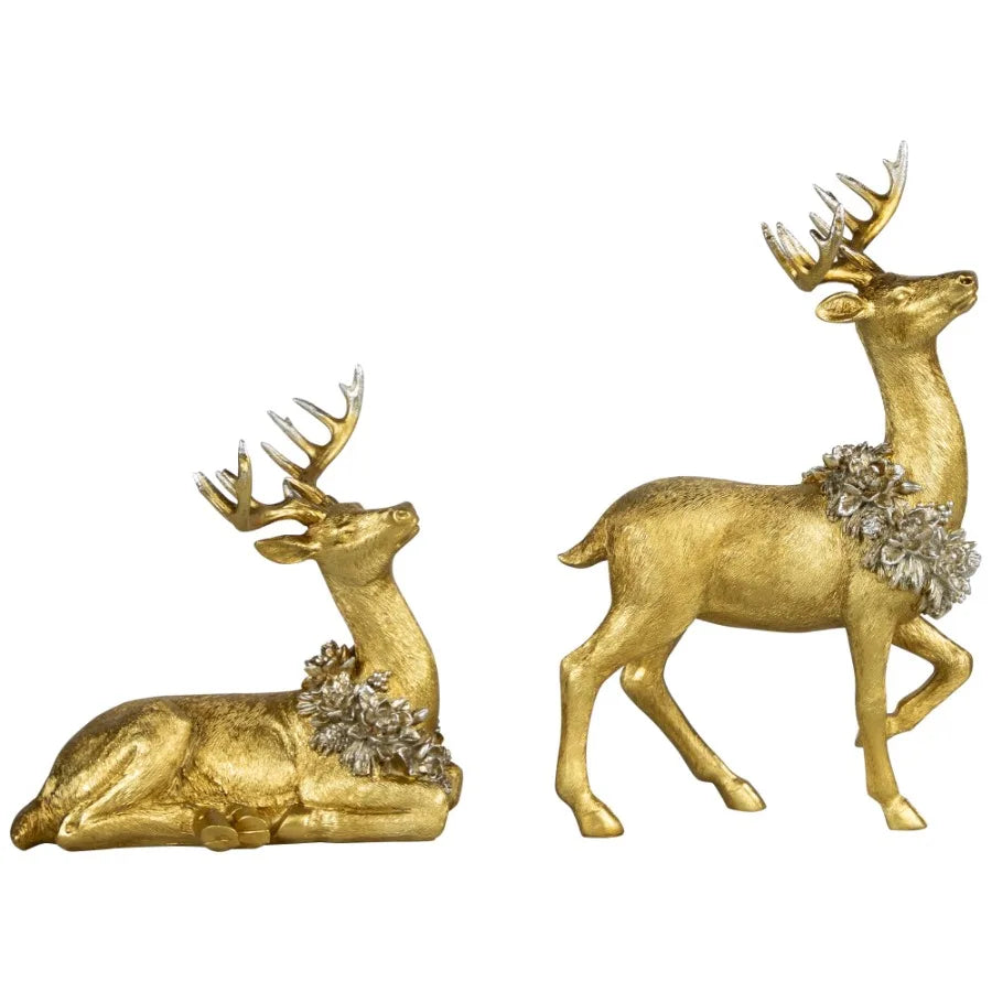 Elegant Gold Reindeer With Wreaths Christmas Figurines