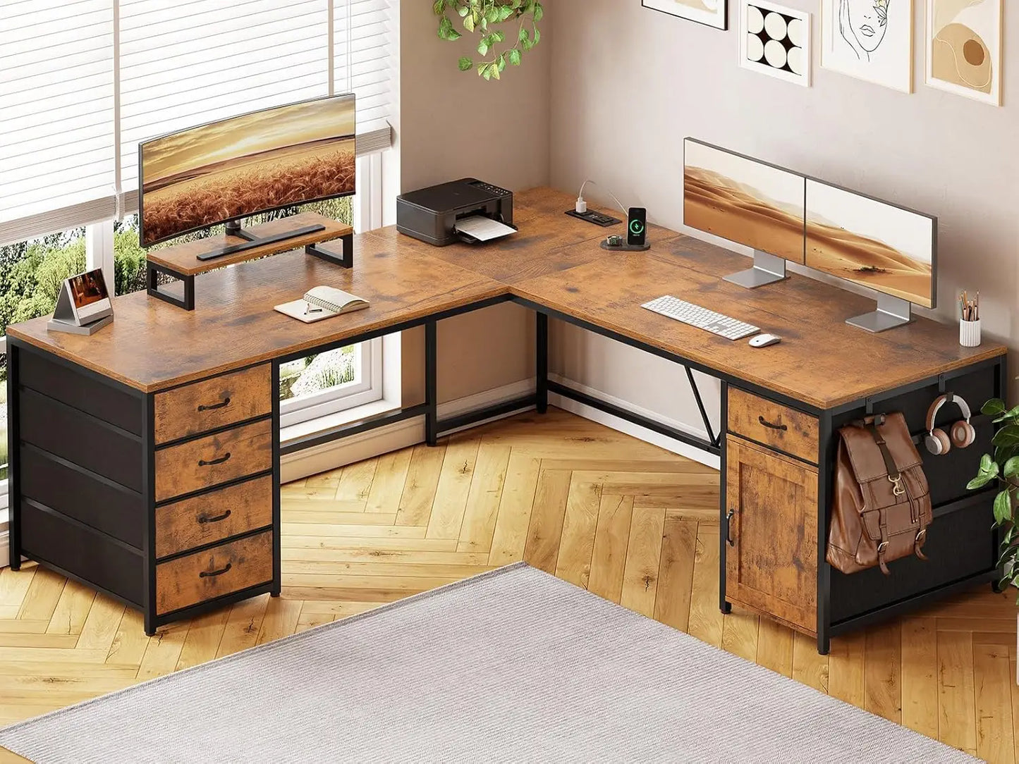 Angduo L Shaped Desk With Five Drawers And Power Outlet