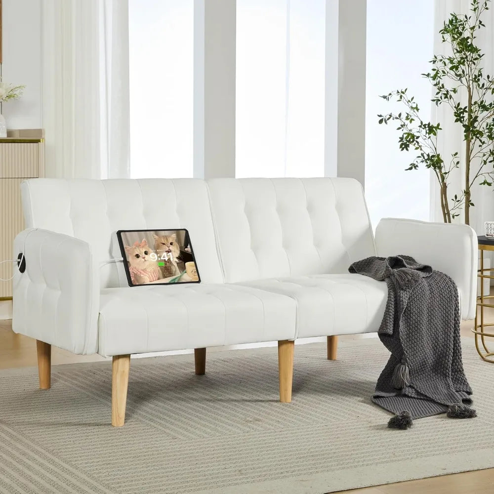 Ticify Modern Faux Leather Convertible USB Futon Sofa Bed