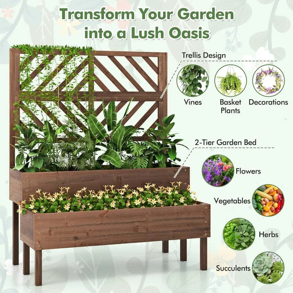 LDAILY Raised Garden Bed With Trellis And Planter Boxes