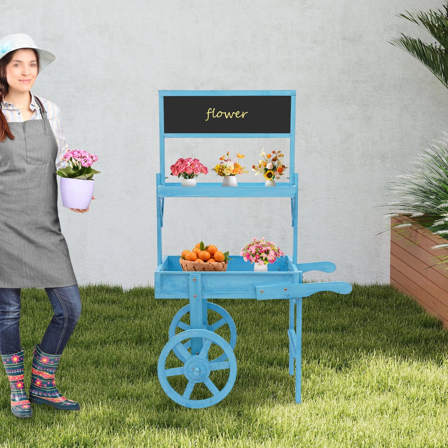 Fir Wood Flower Rack With Blackboard Display Stand For Pots