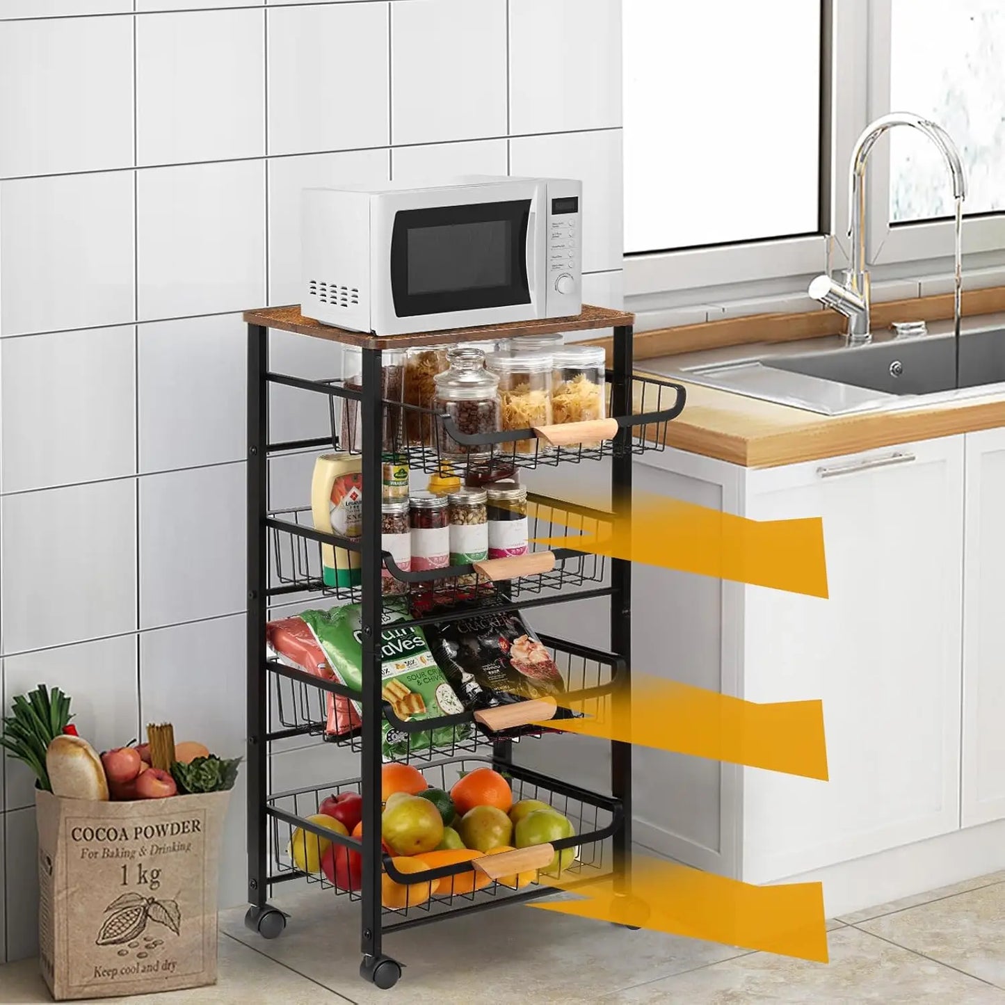 Five Tier Rolling Kitchen Cart With Wooden Top Storage