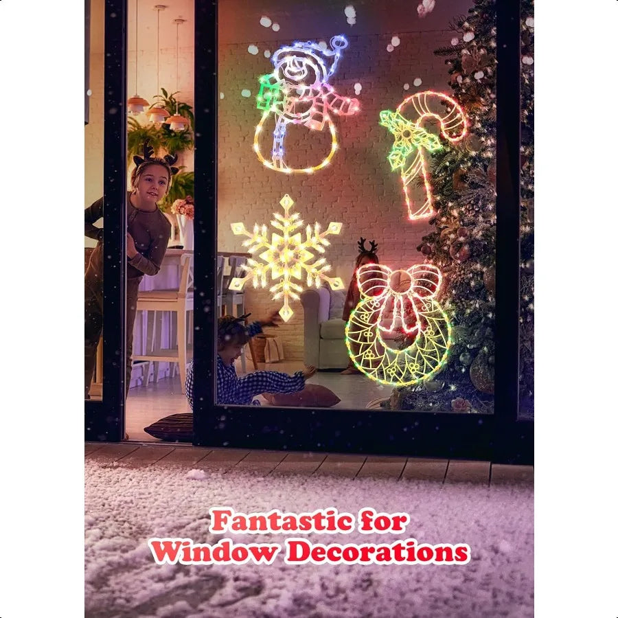 4 Pack Christmas Window Silhouette Lights Decorations Lighted Wreath Candy Cane Snowflakes Snow Man