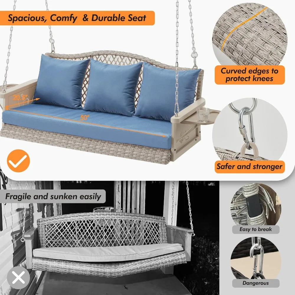 RBXC Upgraded Wicker Hanging Porch Swing 900Lbs 3Seat Outdoor Patio