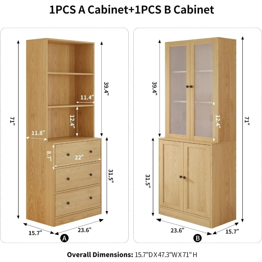 HUANZHUANG 3 Tier Modern Bookshelf With Glass Doors Drawers