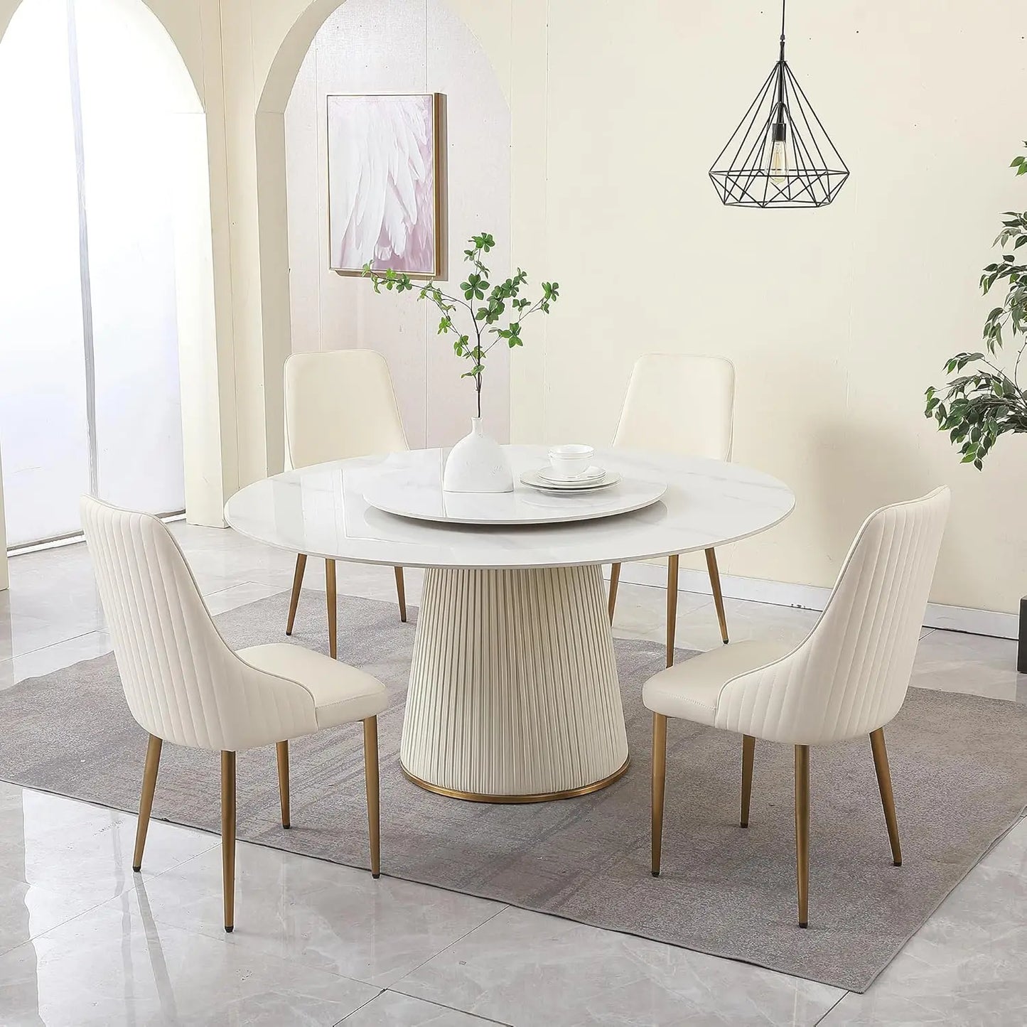 DAFIFY Luxury Round Marble Dining Table Set With Removable Lazy Susan And 8 Chairs