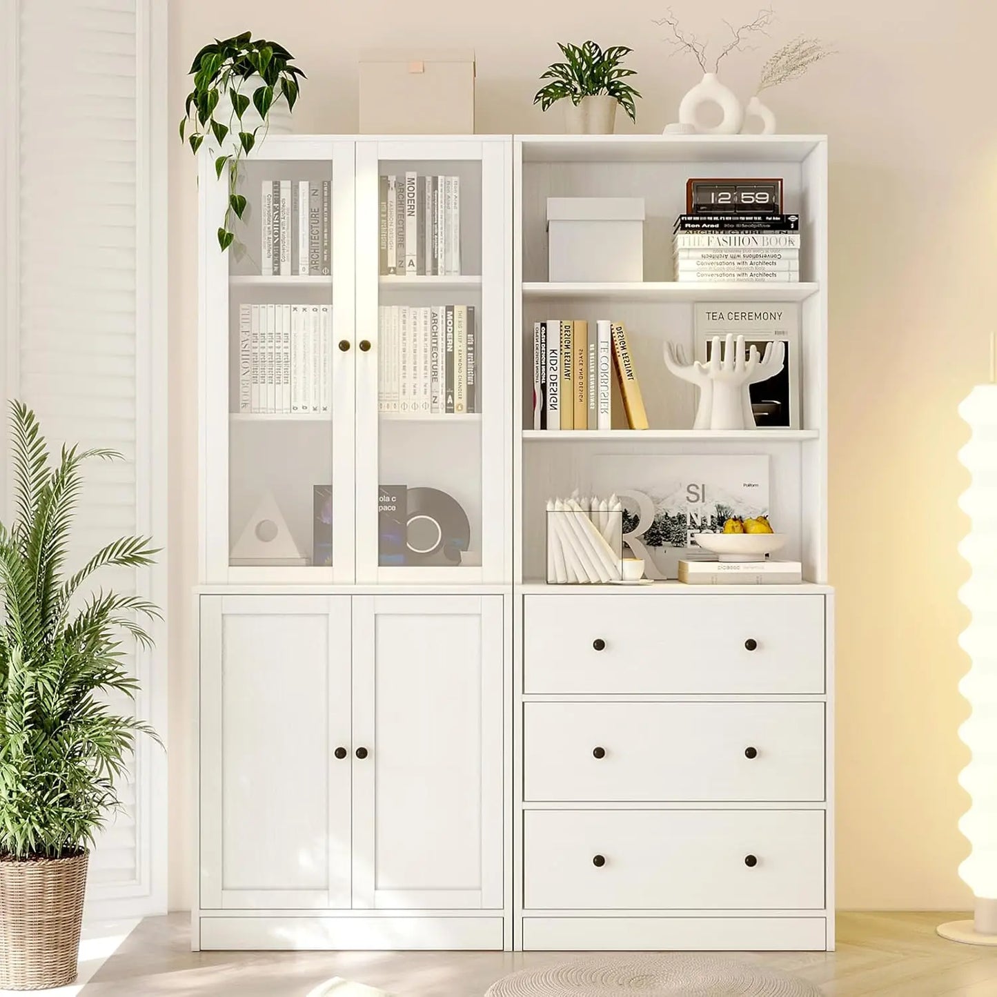 HUANZHUANG 3 Tier Modern Bookshelf With Glass Doors Drawers