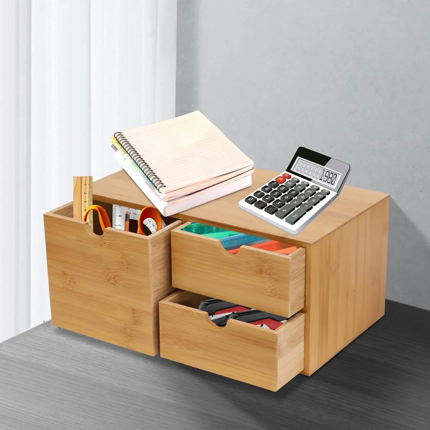 NONECN Bamboo Desk Organizer Drawers With Recess Handles Flat Top